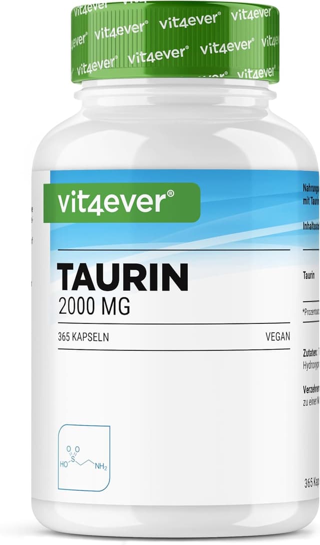 Detalle de vit4ever Taurin 365 Kapseln – 2000 mg Tagesdosis (2 Kapseln), vegan