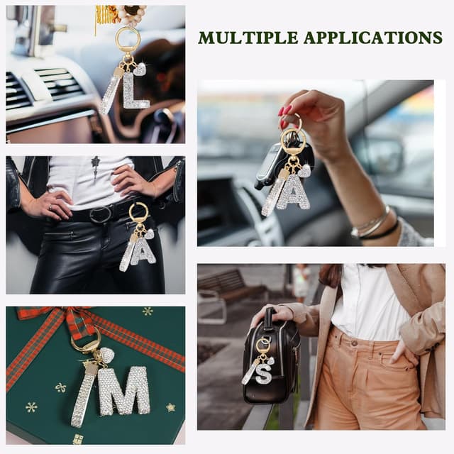 Detalle de MWOOT Glitzer-Schlüsselanhänger mit Buchstabe (Strass) – silberner Keychain mit Namens-Initial für Auto & Tasche