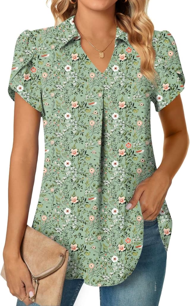 Detalle de Aodemo women’s chiffon pleated V-neck collared short-sleeve tunic blouse