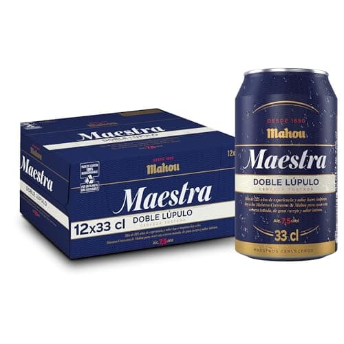Detalle de Mahou Maestra Doble Lúpulo: pack de 12 latas de 33 cl (7,5% vol), lager tostada de sabor intenso