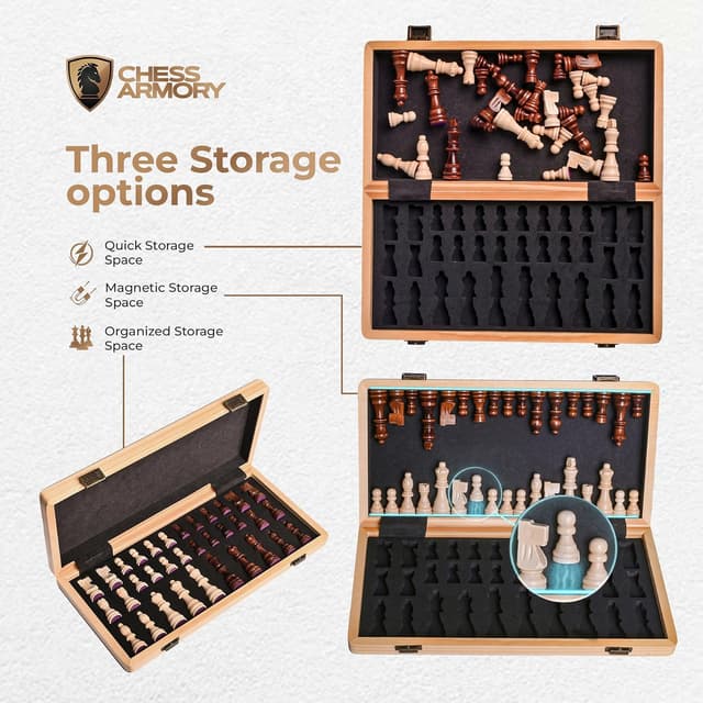 Detalle de 15-Inch Magnetic Wooden Chess Set with Folding Board and Handcrafted Staunton Pieces