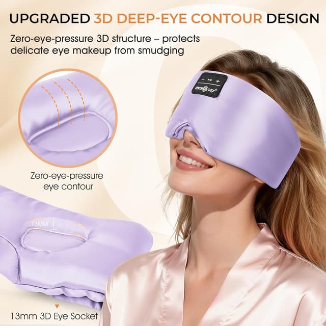 Detalle 2 de MUSICOZY Silk Sleep Mask Headphones – 100% Mulberry Silk blackout 3D sleep mask with Bluetooth (up to 14H)