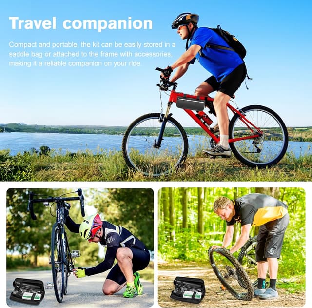 Detalle de Carehabi 39 PCS Kit de réparation de vélo (crevaison) avec outil 16 en 1 et mini-pompe 120 PSI
