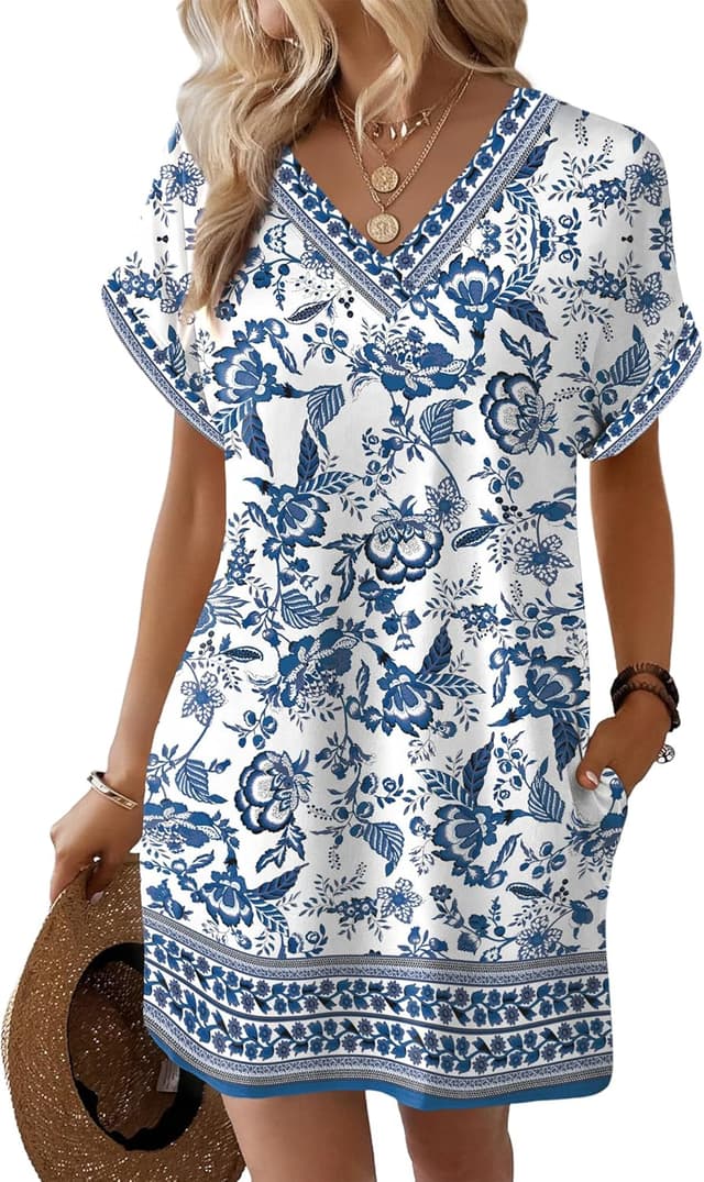 Detalle de WIHOLL Women’s 2025 Casual T-Shirt Dress with Side Pockets (Short Sleeve)