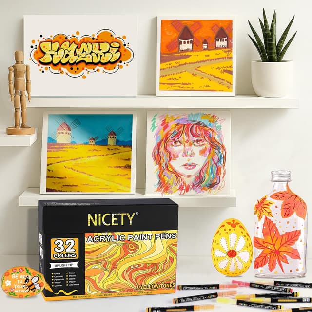 Thumbnail 6 de NICETY 32 Colour Yellow Acrylic Paint Pens (1–5mm) – Water-Based Acrylic Markers with Brush Tip
