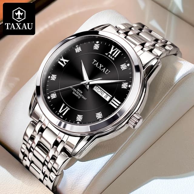 Detalle 2 de Taxau Herrenuhr aus Edelstahl mit Quarzwerk, wasserdicht & Multifunktion