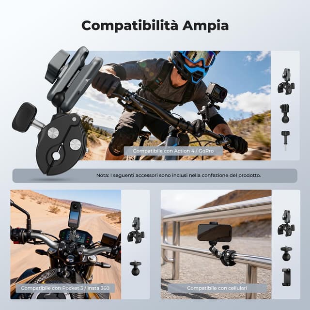 Detalle 2 de K&F CONCEPT MS-100 morsetto a granchio universale per tubi con attacco sfera 1/4”-20 e accessori per action cam e smartphone