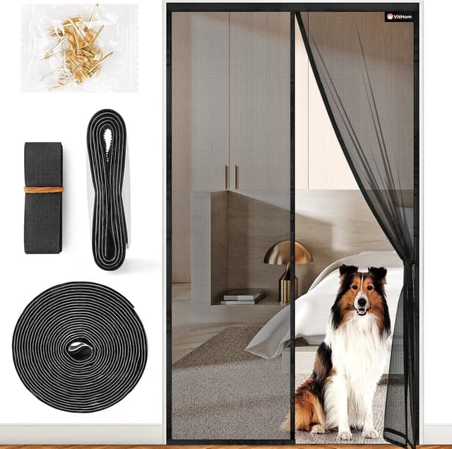 Detalle de Magnetisches Fliegengitter für Balkontür (Glasfasermaterial) 90 x 205 cm – schwarz, flammhemmend, ohne Bohren