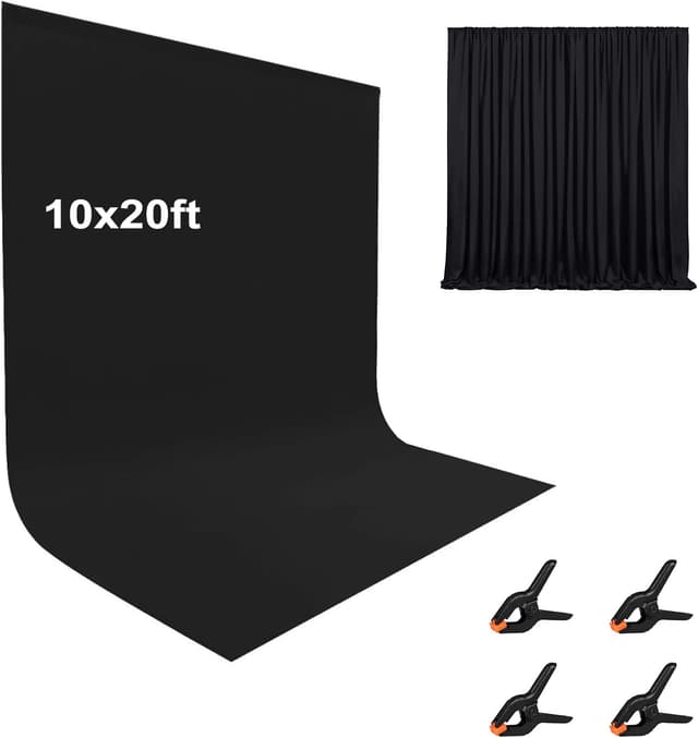 Detalle de LCUIRC 10x20ft Black Photo Backdrop Curtain (Two Rod Pocket) with 4 Spring Clamps for Photography & Events