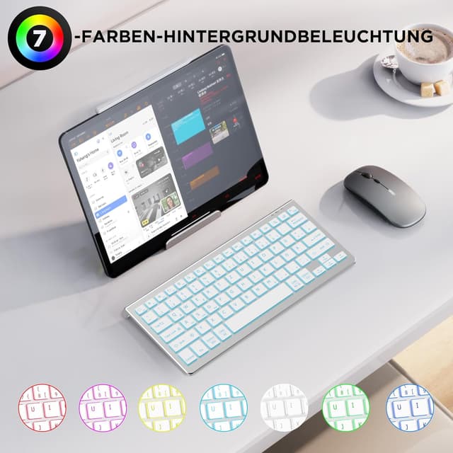 Detalle de Bluetooth Deutsche Tastatur von CACOE – kompatibel mit iPad A16/10, iPad Air/Pro sowie iOS, Android, Windows (3 BT-Kanäle, silber, 7 Farben)