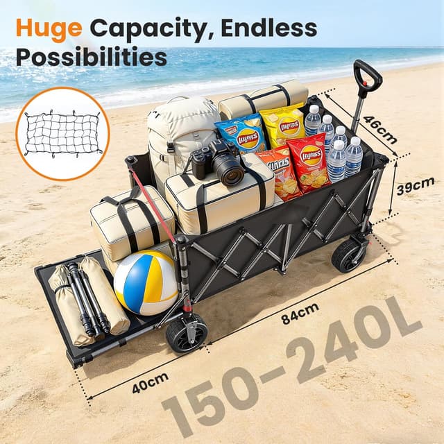 Detalle de 240L Festival Trolley on Wheels Heavy Duty Folding Wagon (rear-opening, 160kg load) – Black