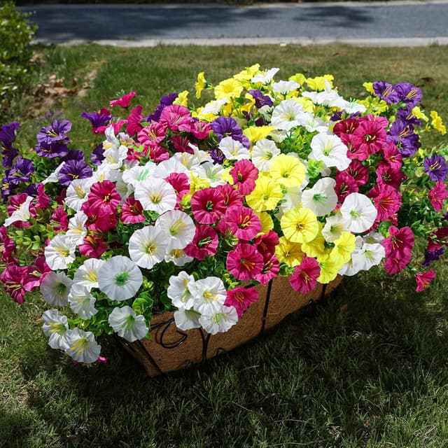 Detalle 2 de HyeFlora UV-Resistant Artificial Morning Glory Flowers (12 Bundles) with Eucalyptus Leaves for Outdoor Planters