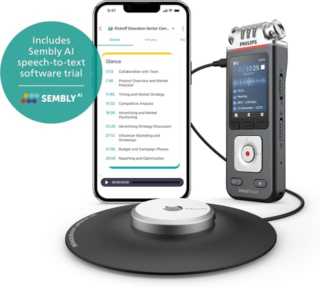 Detalle de Philips VoiceTracer DVT8115: registratore vocale per riunioni con microfono 360° e licenza AI Sembly