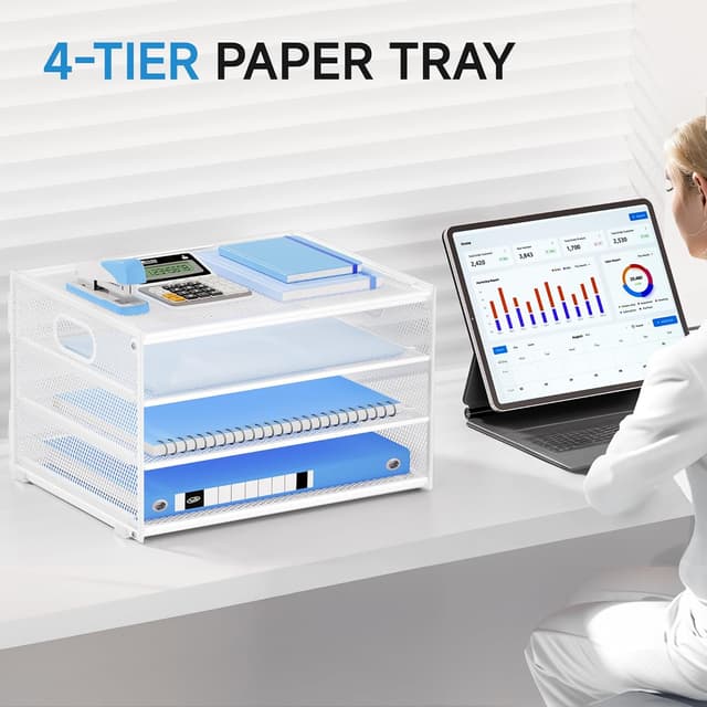 Detalle de Marbrasse Schreibtisch Organizer mit 4-stufigem Metall-Netz (blau) – Briefablage für Büro, Zuhause & Schule