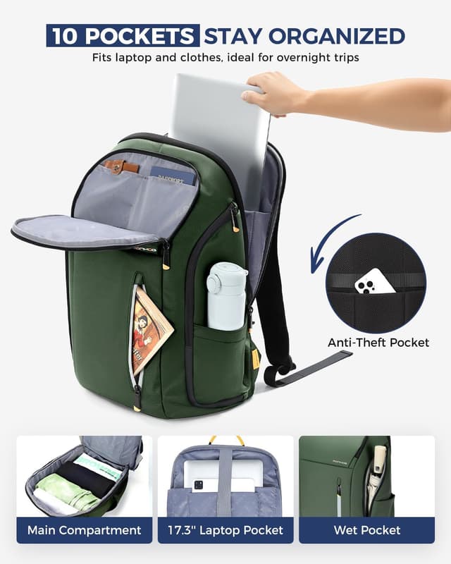Thumbnail 2 de Ponhog Men’s Backpack 30L with USB Port, 17.3-inch Anti-theft Laptop Compartment (Light Green)