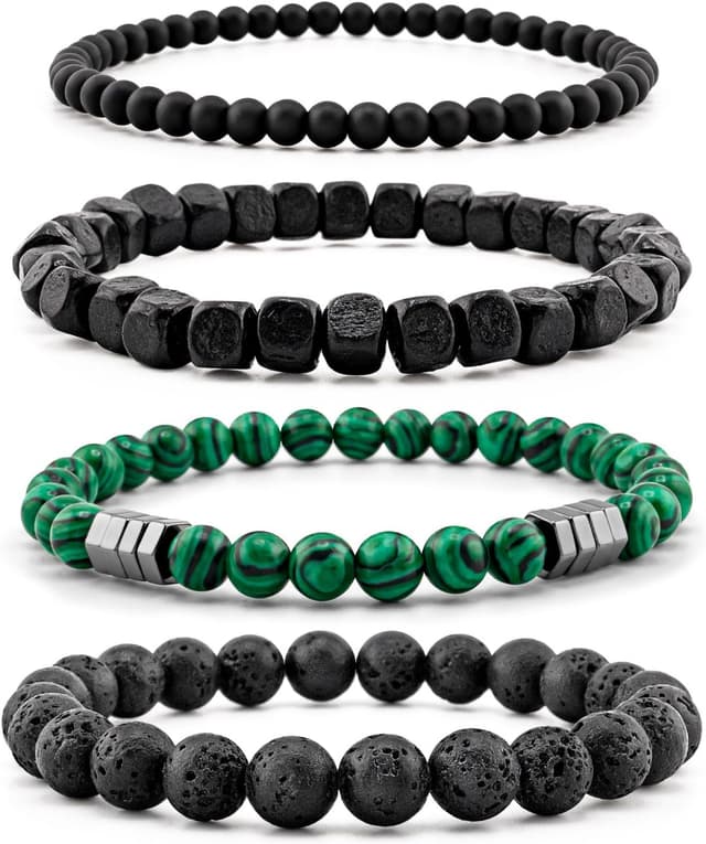Detalle de Lameybrt Herren Armband-Set Multi mit Natursteinen (Tigerauge/Matte Achat/Lava) – verstellbar, Set für verschiedene Anlässe