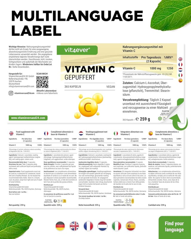 Detalle 2 de vit4ever Vitamin C gepuffert 1000 mg (pH-neutral, säurefrei) – 365 vegane Kapseln