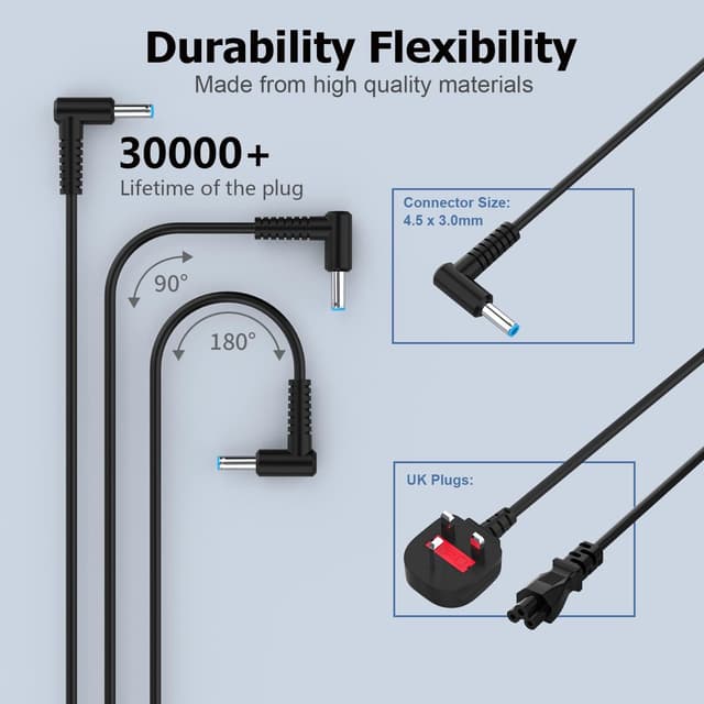 Detalle de VUOHOEG HP laptop charger (blue tip 4.5mm × 3.0mm) 90W/65W/45W UK power adapter