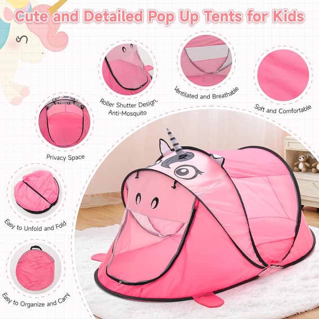 Detalle 2 de BTGGG Kids Pop Up Tent – Foldable portable playhouse for indoor & outdoor play (Pink Unicorn, 182 x 96 x 82cm)