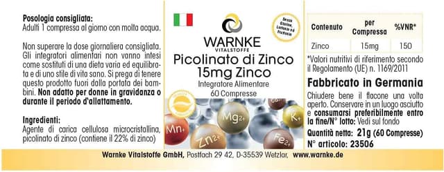 Thumbnail 5 de Warnke Vitalstoffe Picolinato de Zinc 15mg 60 comprimidos Calidad alemana 💊