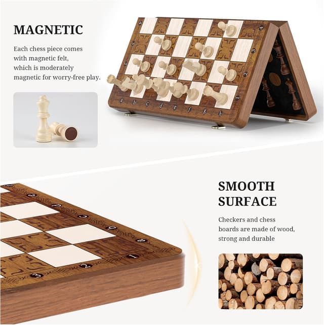 Detalle de Magnetisches 2IN1 Schachspiel (39 x 39 cm), klappbares Holzbrett mit 32 Figuren + 2 Damen