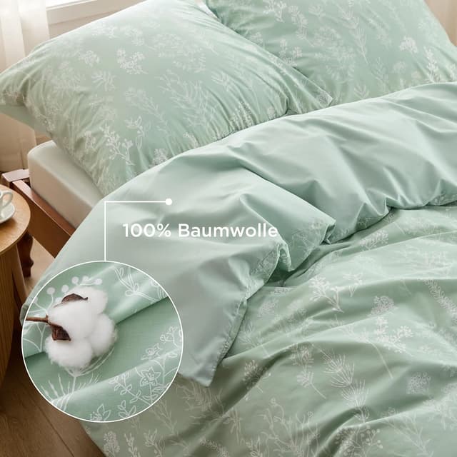 Detalle de BEDSURE Wendebettwäsche 200x200 aus Baumwolle grün (3-teilig) mit Reißverschluss