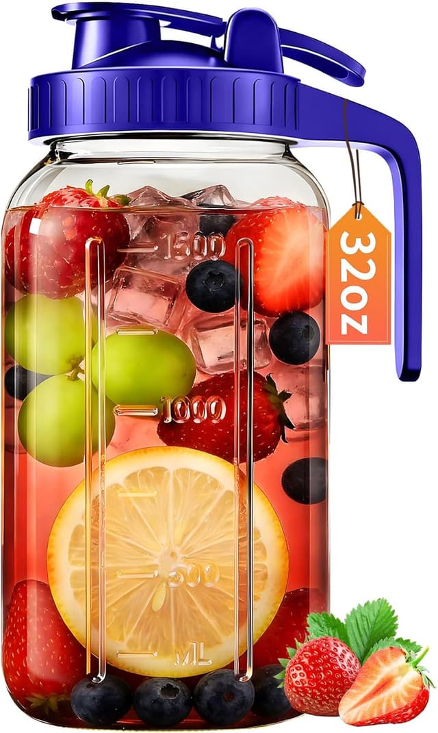 Thumbnail 6 de 64oz Glass Pitcher with Lid & Spout (2 Quart Mason Jars) – Airtight & Leakproof Breastmilk Pitcher