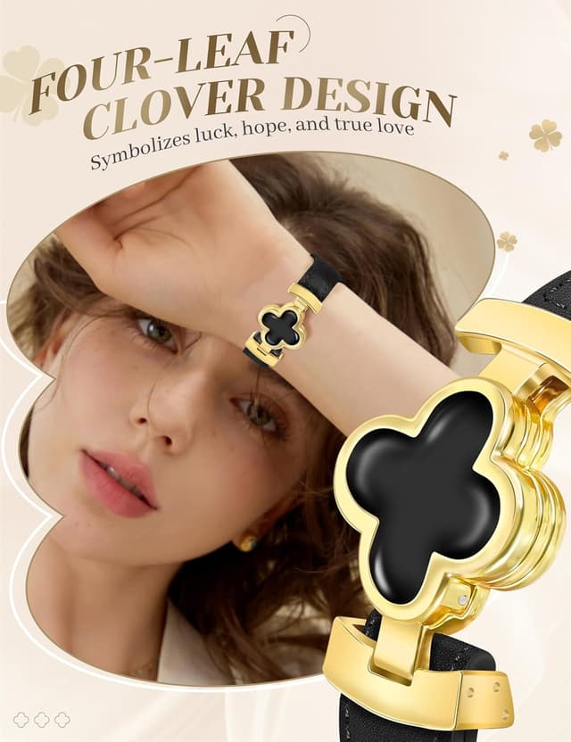 Detalle 2 de MOINSPIRE Designer Slim Leather Watch Bands for Women with Four-Leaf Clover Magnetic Clasp (Lucky Clover)