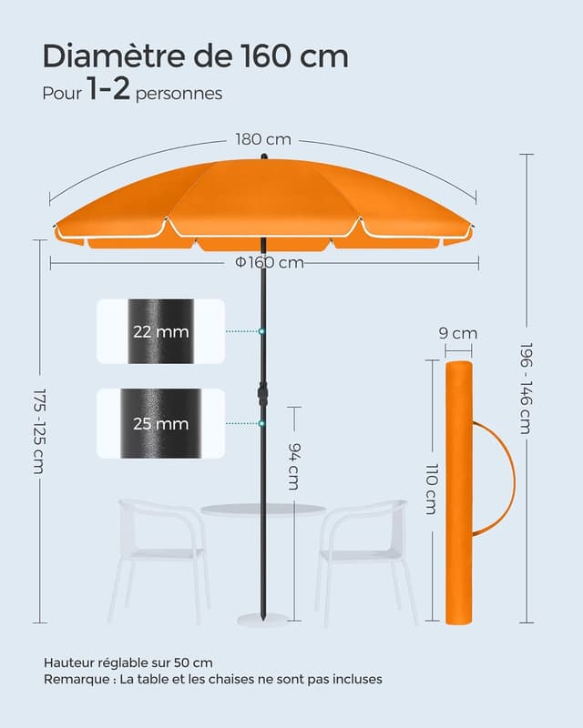 Thumbnail 6 de SONGMICS Parasol orange de 160 cm avec UPF 50+ inclinable sur 30° dans les deux sens, hauteur réglable (sans base)