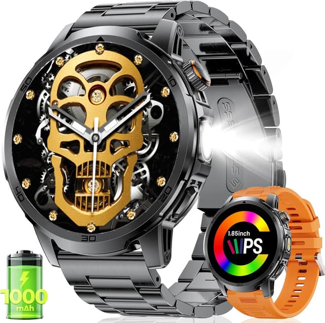 Detalle de FEELNEVER Montre connectée homme EF19-E noire et orange : écran HD 1,85" + lampe LED + cardio et sommeil