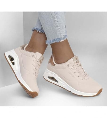 Detalle de Skechers Uno - Shimmer Away para mujer (Natural, talla 37): comodidad con ribete metálico y cordones elásticos