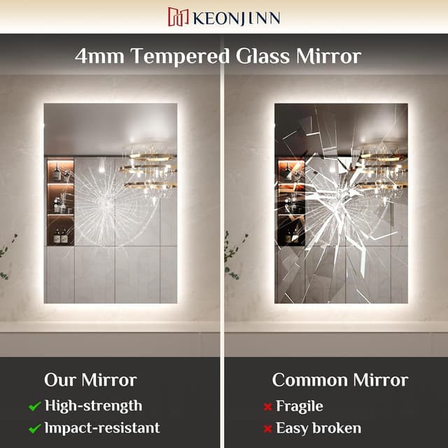 Detalle de Keonjinn Badspiegel mit Beleuchtung Rechteckig 50x70 cm – LED mit Antibeschlag, 3 Lichtfarben & Dimmung