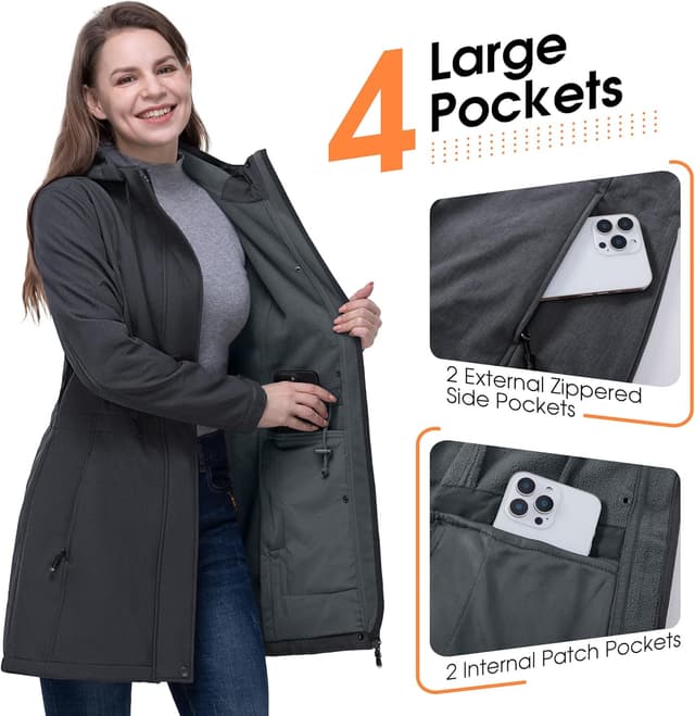 Detalle de 33,000ft women’s softshell jacket with hood — waterproof, windproof and fleece-lined long coat