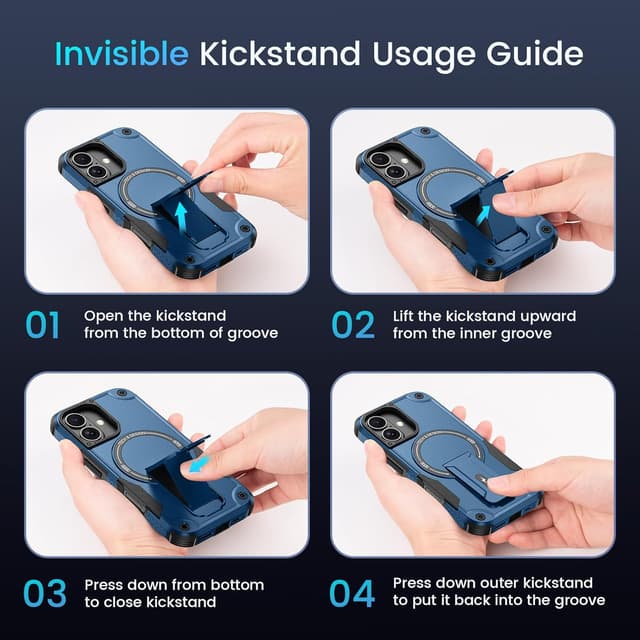 Detalle 2 de 3-in-1 iPhone 16 Case (MagSafe Compatible) with Invisible Kickstand, HD Screen Protector & Camera Lens Protectors — Blue