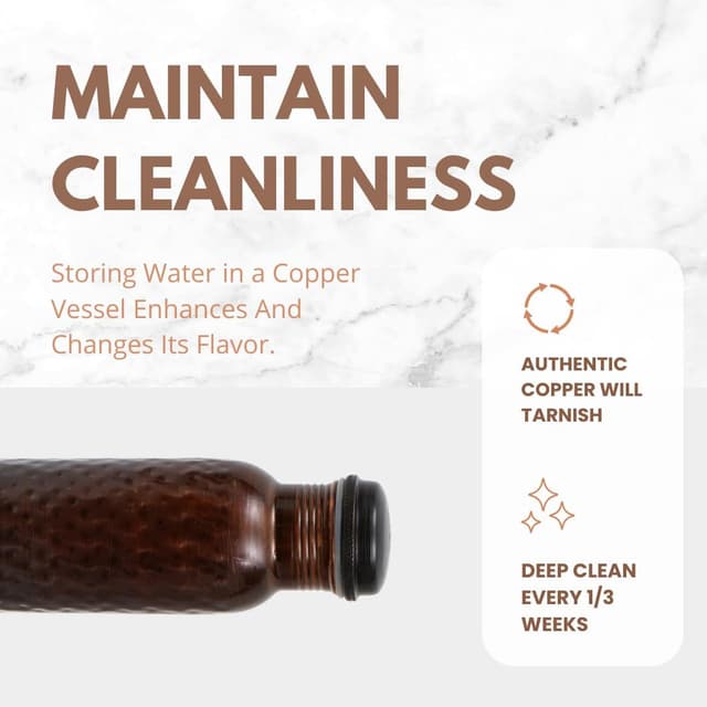 Detalle de AVA DESIGNZ hand-hammered black copper water bottle (950 ml) with leakproof lid & canvas bag set