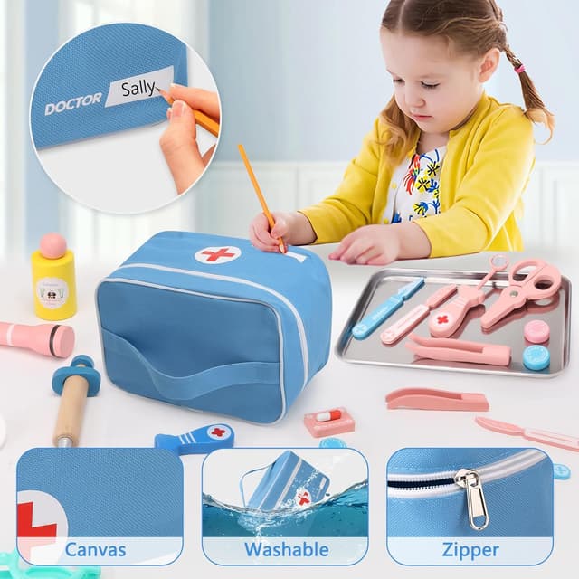 Detalle 2 de Teneytoyz Kinder-Arztkoffer aus Holz mit echtem Stethoskop & Arztkittel – Doktorkoffer für Rollenspiele