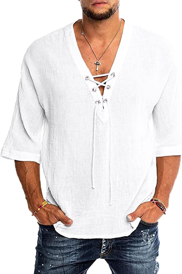 Thumbnail 6 de YAOBAOLE Chemise homme manches 3/4 coton lin vintage médiéval à lacets