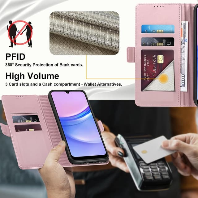 Detalle de Yunubeyii Wallet Flip Case for Samsung Galaxy A15 5G with RFID Blocking, Magnetic Cover & Kickstand (Pink)