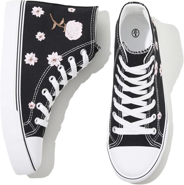 Detalle de kufeiti Women’s High Top Canvas Sneakers (Lace-Up) in White/Black with Floral Embroidery