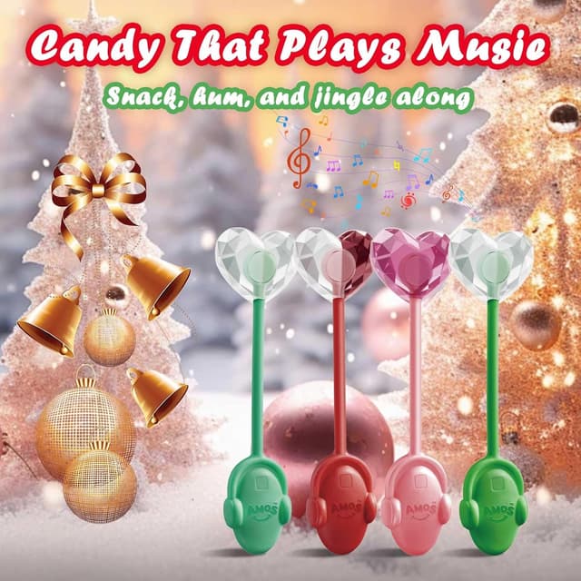 Detalle de AMOS Sucette Musicale Mûre & Pêche & Menthe & Pomme – coffret de 4 bonbons audio, Noël, sans sucre