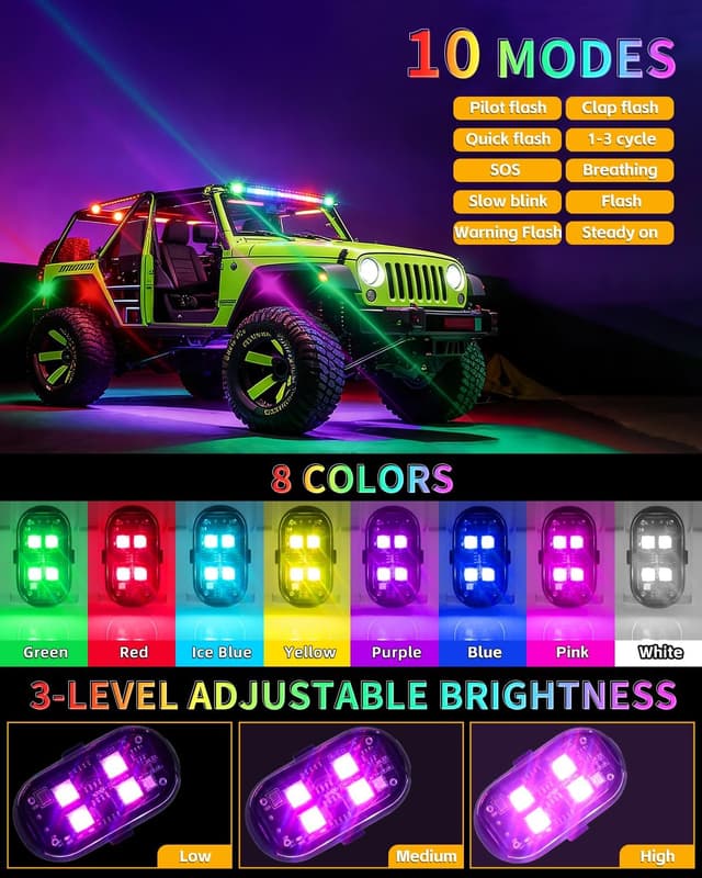 Detalle 2 de GSOWO Upgraded 4PCS Wireless LED Strobe Lights (Remote, 8 Colors, USB-C) for Car, Motorcycle & More