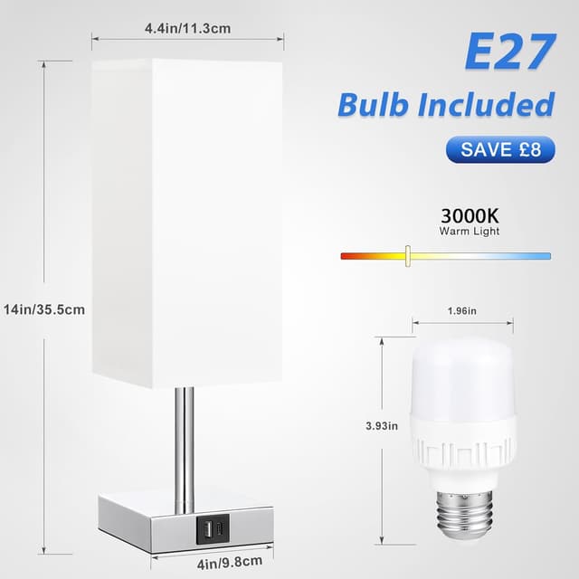 Thumbnail 6 de Aooshine Bedside Lamp with Touch Control and Dual USB A+C Charging (3-way dimmable, white fabric shade)