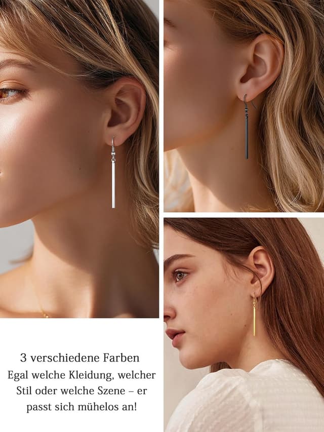 Detalle de FindChic Stab Ohrringe aus Edelstahl – lange, hängende Minimal-Statement-Tropfen in Schwarz/Gold/Silber