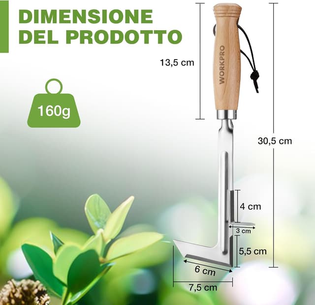 Detalle 2 de WORKPRO 12” Estirpatore Erbacce Manuale in INOX con manico in legno e spatola a L per fughe, vialetti e muschio