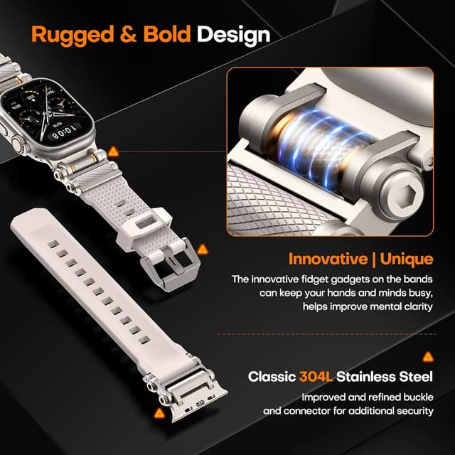 Detalle de TAURI Liquid Silicone Adjustable Band for Apple Watch Ultra/Series (Starlight) with Stainless Steel Metal Connector