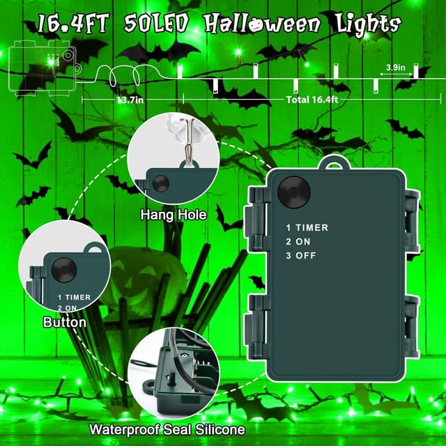 Detalle 1 de Gcstnn Battery Fairy Lights (5m / 50 LEDs) with 6h Timer, IP65 Waterproof – Green cable for Halloween decor
