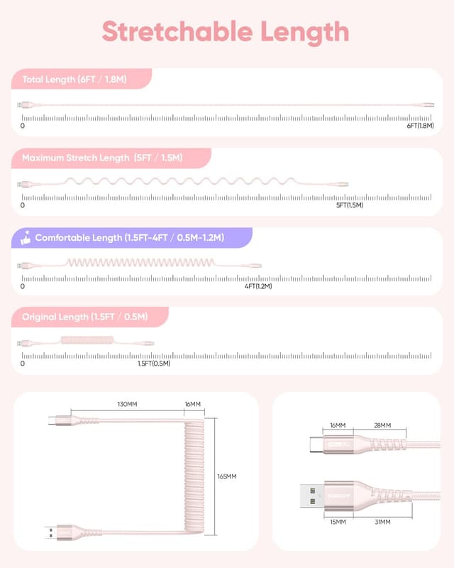 Detalle de SUNGUY USB‑C Spiralkabel (1,8 m) – Datenkabel & Schnellladung für Auto (Android Auto/Carplay) in Rosa