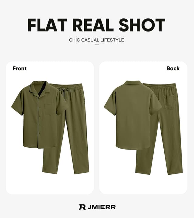 Thumbnail 6 de JMIERR Men Texture 2-Piece Outfit: Short Sleeve Cuban-Collar Button-Down & Drawstring Beach Pants Set