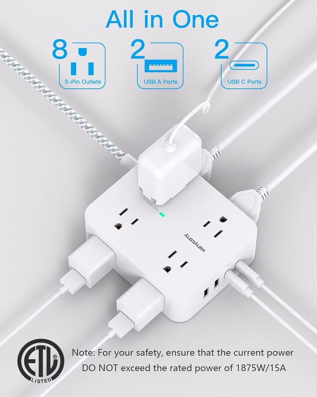 Detalle 2 de HANYCONY 10 ft Surge Protector Power Strip with 8 Outlets and 4 USB Ports ๐