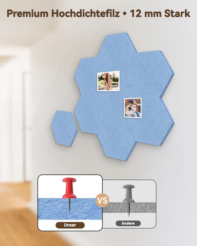 Detalle de CUHIOY Filz Pinnwand selbstklebend (8er-Set, himmelblau) mit 80 Pinnnadeln, sechseckig